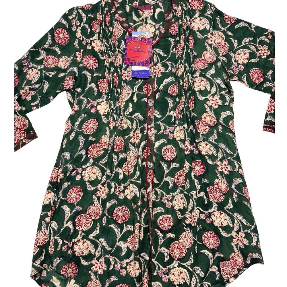 Nila Rubia Cotton Hand Block Print Tunic NWT Green Floral Lagenlook Sz Med